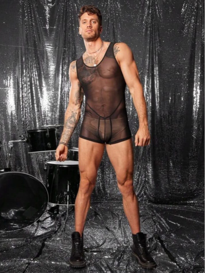 Men's Sexy See-Through Mesh Suspender Romper
